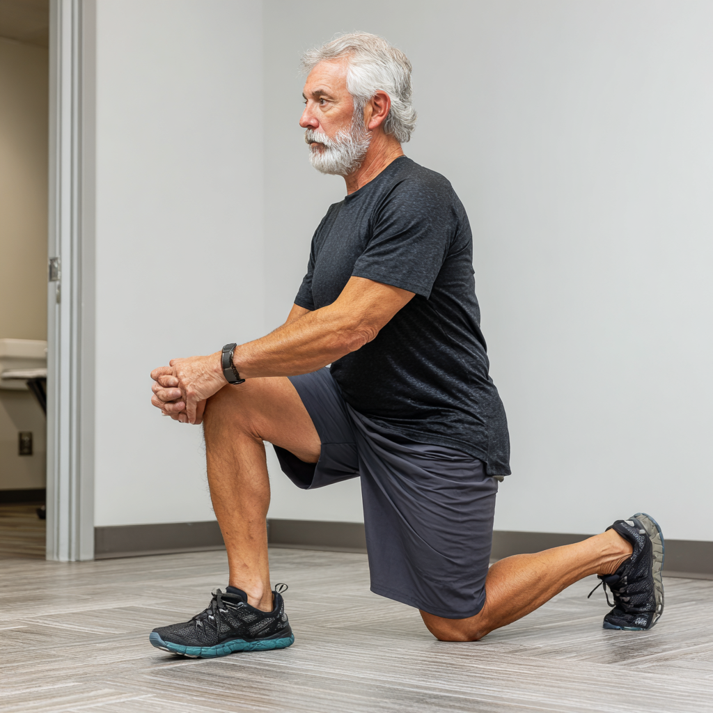 Older adult demonstrating improved flexibility and stability after ploramik training program